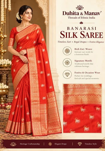 Vermilion Red Banarasi Silk Saree with Elegant Gold Zari Motifs