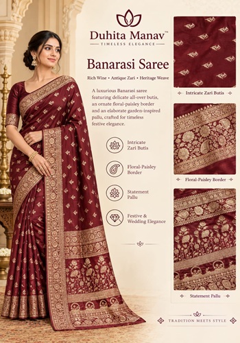Rich Wine Banarasi Silk Saree with All-Over Antique Zari Buttis