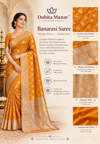 Mustard Gold Banarasi Silk Saree with All-Over Floral Zari Butis