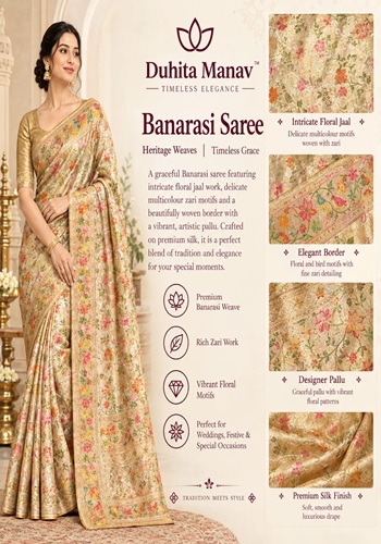Cream Beige Banarasi Silk Saree with Multicolor Intricate Floral Jaal