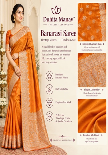 Mustard Orange Banarasi Silk Saree with Elegant Zari Floral Butis