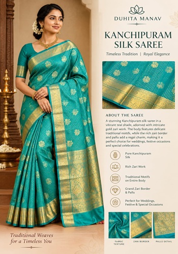 Vibrant Teal Blue Kanchipuram Silk Saree with Gold Peacock Buttas