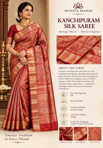 Classic Crimson Red Kanchipuram Silk Saree with All-Over Gold Zari Jaal