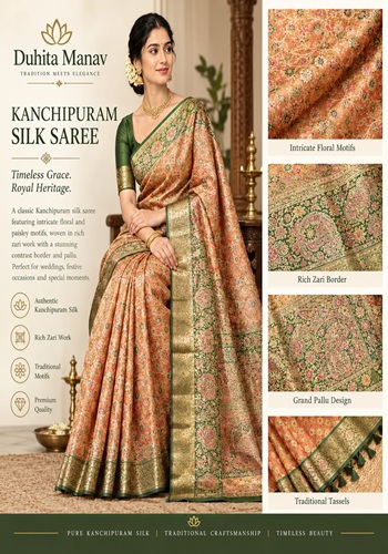 Traditional Peach Brocade Kanchipuram Saree with Rich Green Zari Pallu