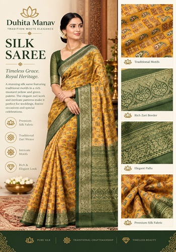 Mustard Yellow & Green Silk Saree – Traditional Zari Elegance